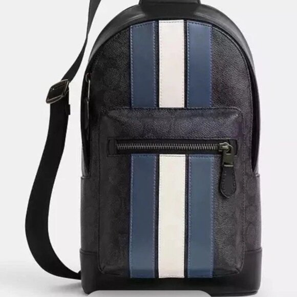 Coach West Pack Bag Sig Varsity Stripe Blue NWT Signature Charcoal - Picture 1 of 7